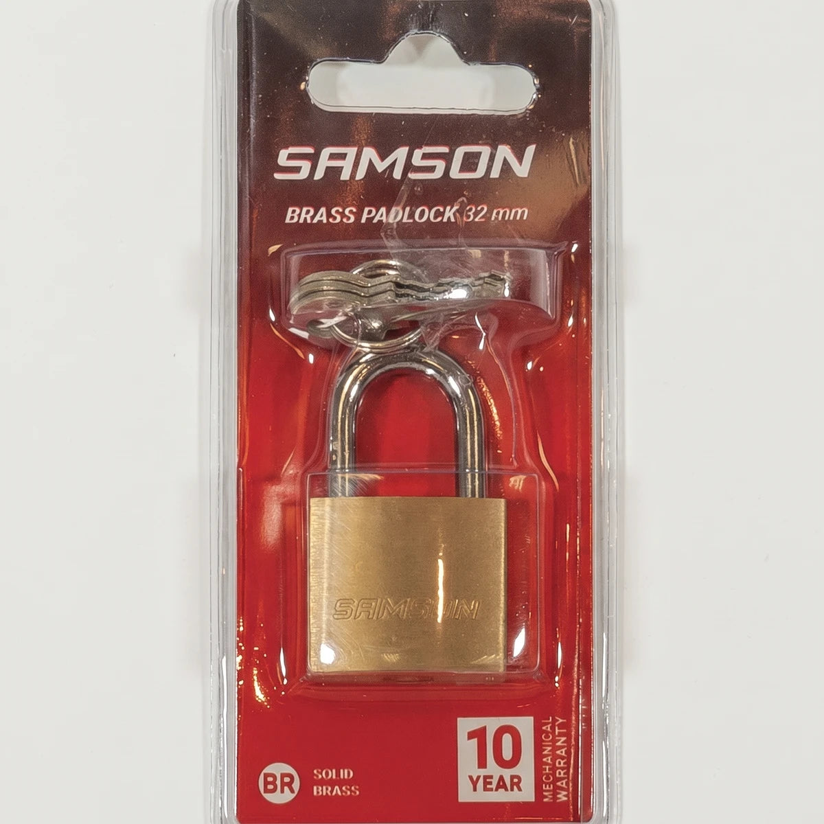 Samson P/Lock Brass 32mm padlock with three keys, displayed in clear retail blister packaging against a red card backing.