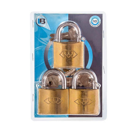 Three Samson P/Lock Brass 50mm Trio padlocks with keys, crafted from brass, packaged together on a blue and black card.
