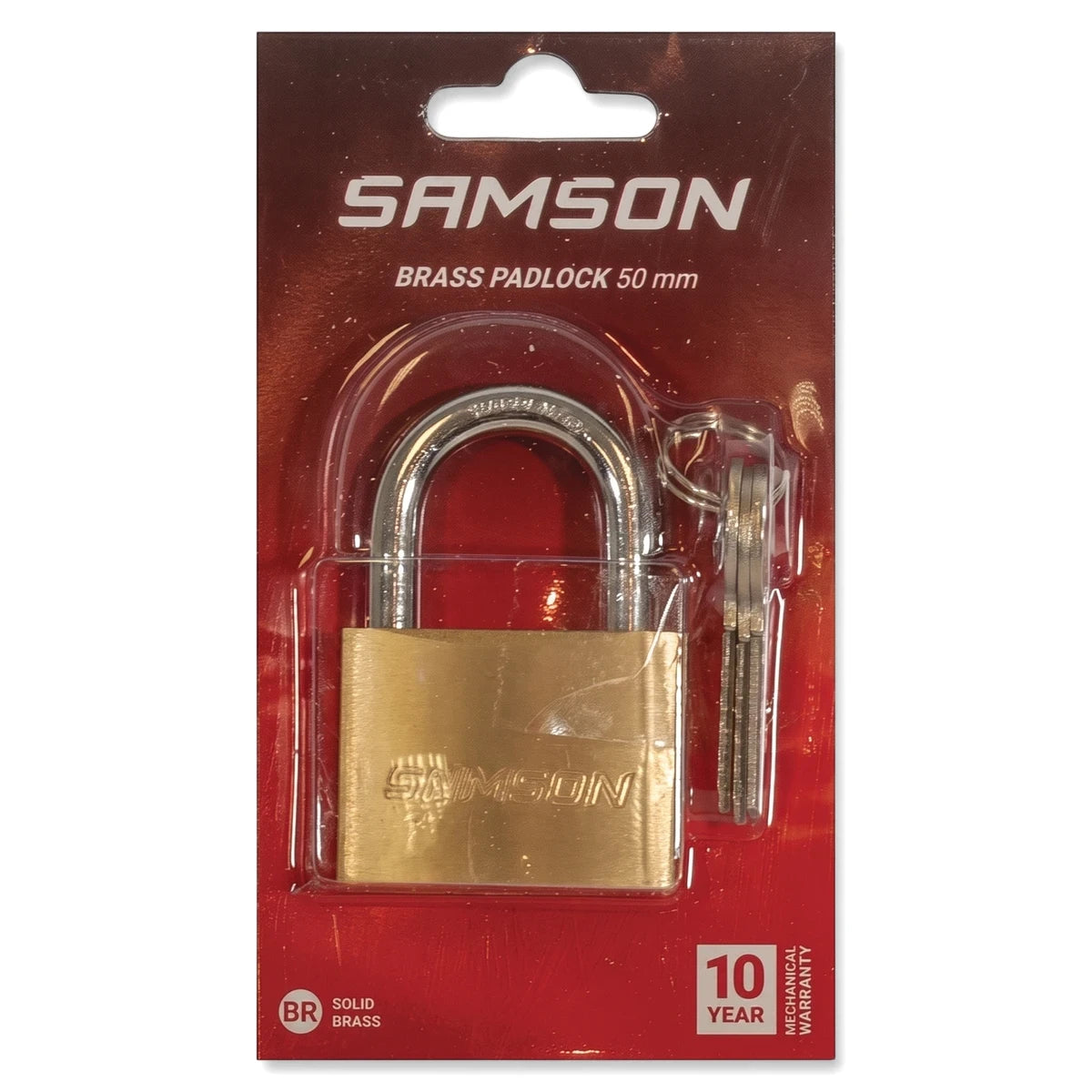 Samson P/Lock Brass 50mm padlock in retail packaging, displaying solid brass construction and included keys.