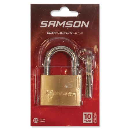 Samson P/Lock Brass 50mm padlock in retail packaging, displaying solid brass construction and included keys.