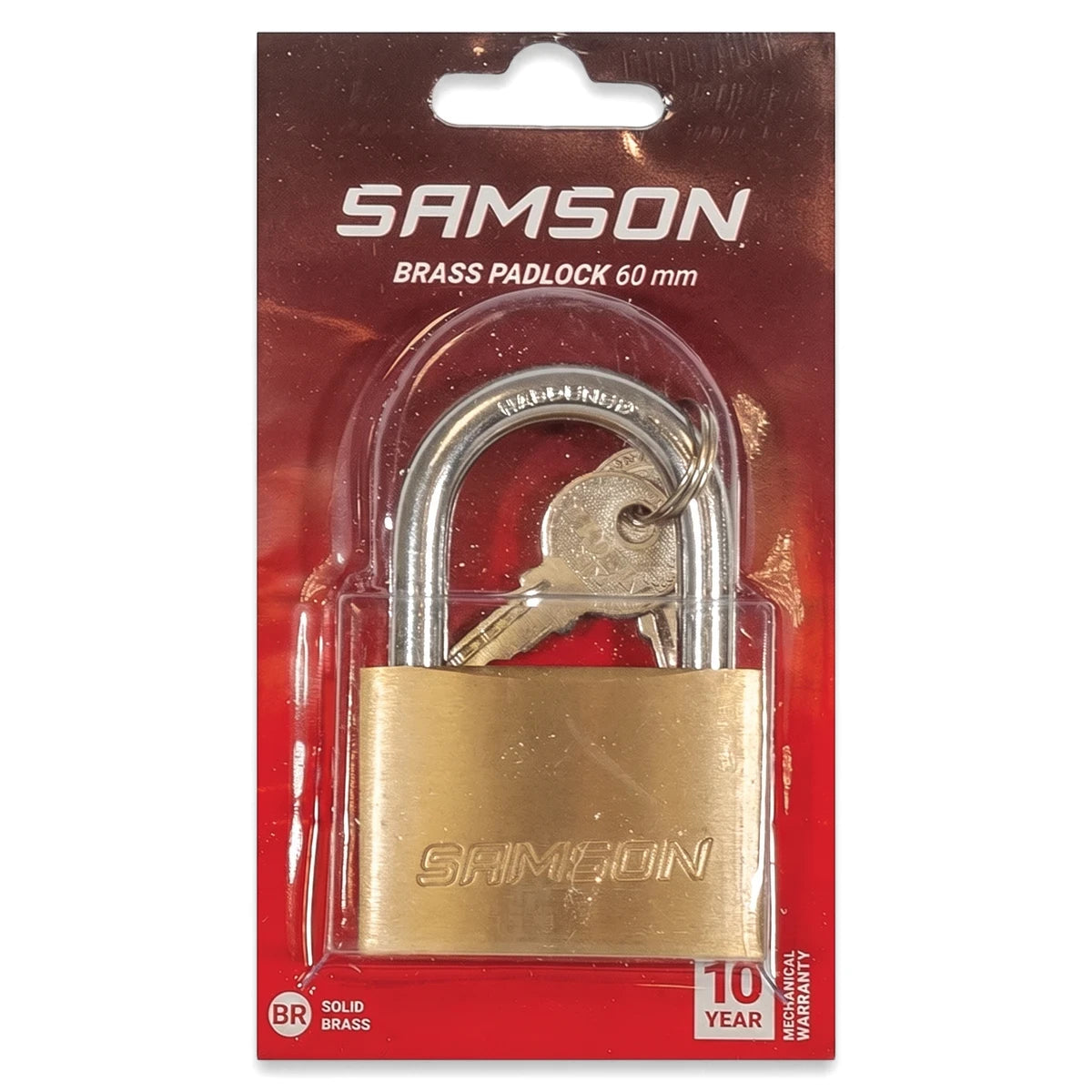 Samson P/Lock Brass 60mm padlock in brass with silver steel shackle, front view in packaging with keys.