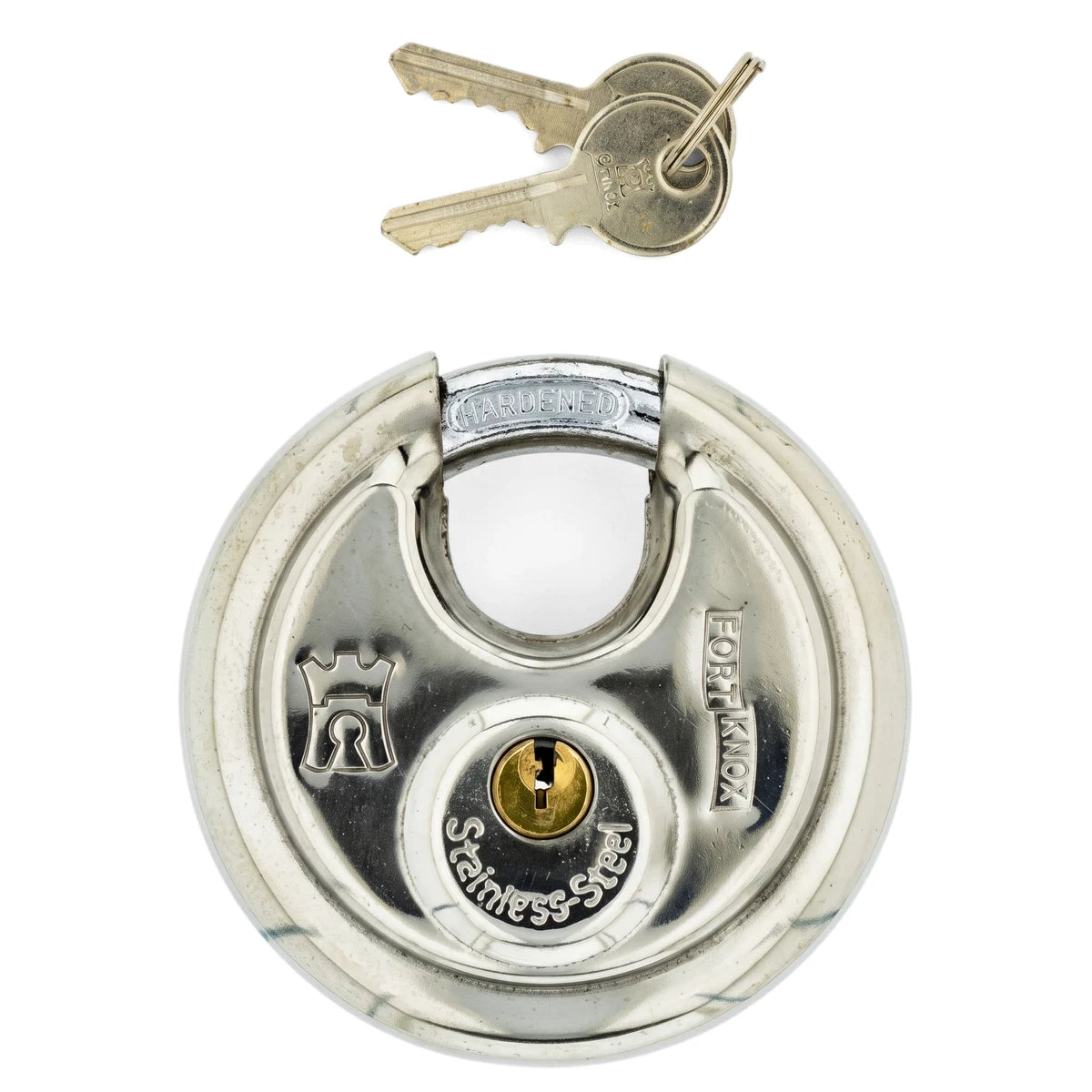 Silver Samson P/Lock Discus 90mm padlock made of stainless steel, shown with its two matching keys for high security