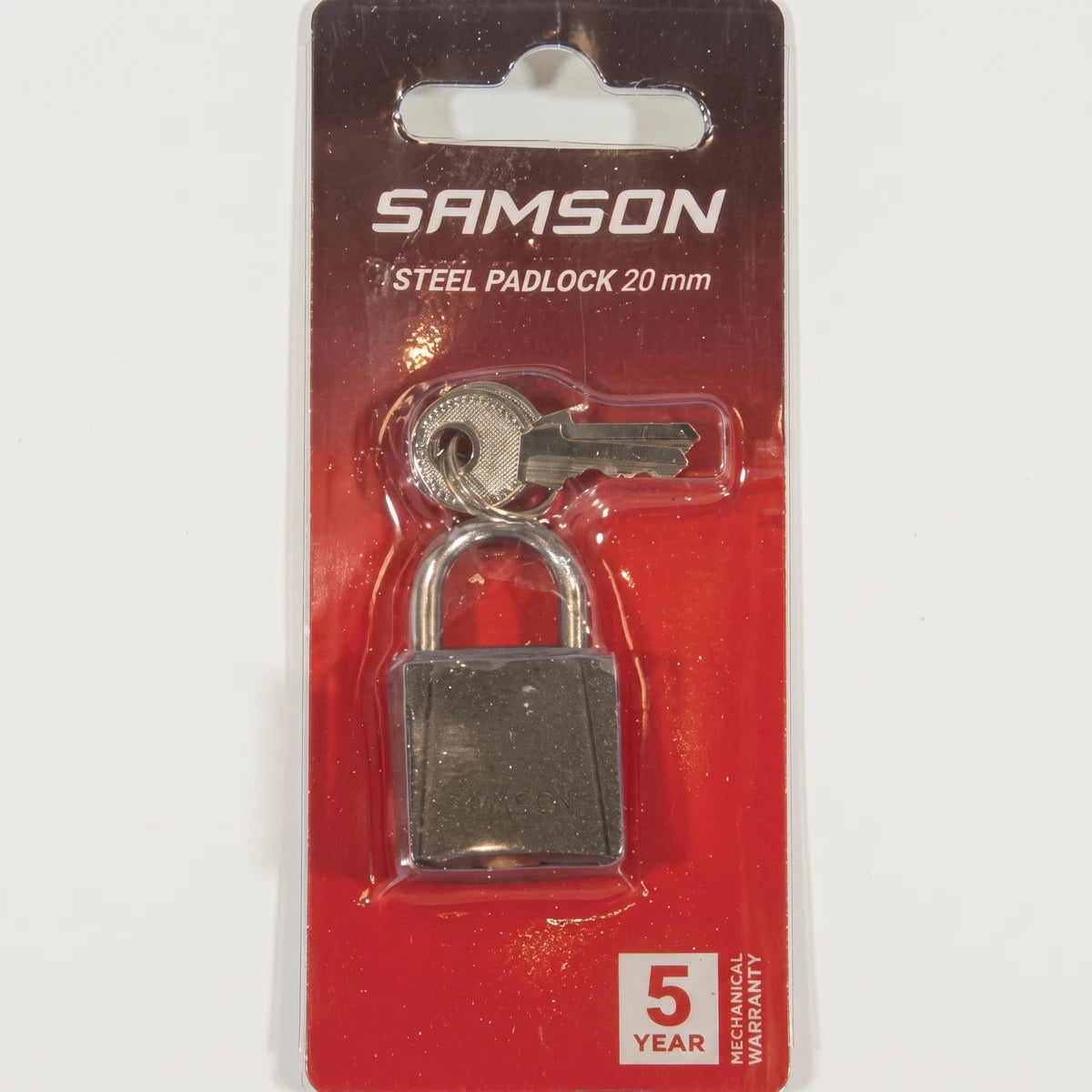 Samson P/Lock Steel 20mm Padlock with two keys, presented in clear blister packaging on a red and white card backing.