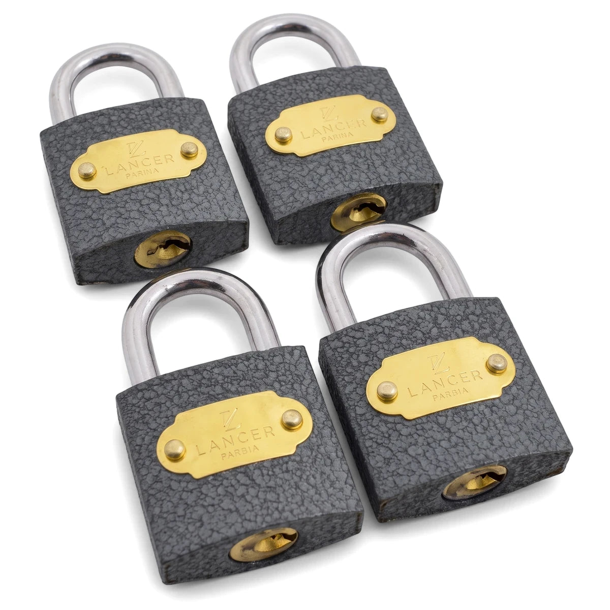 A set of four Samson P/Lock Steel 32mm padlocks, each with a gray textured body, silver shackle, and gold-tone plate,