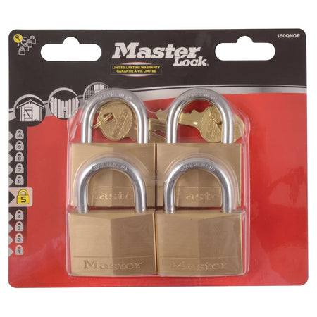 Four Samson P/Lock Steel 50mm Ka brass padlocks with steel shackles and keys, displayed in clear retail packaging.