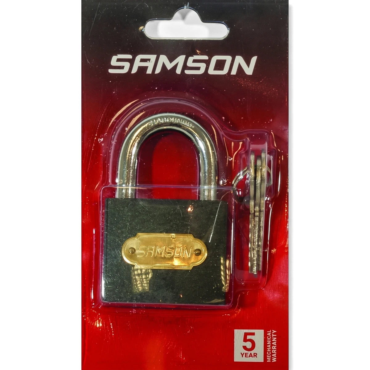 Samson 50mm steel padlock featuring a black body, silver shackle, and gold emblem, packaged with three keys for security.