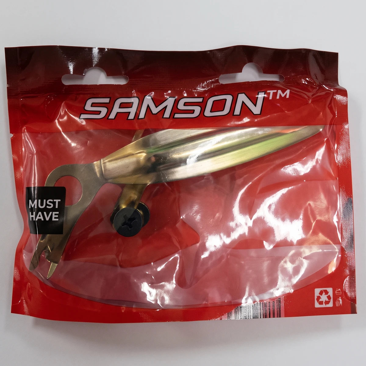 Samson Pressed R/H Yzp Window Handle in retail packaging, featuring a shiny metallic finish and red branding, displayed
