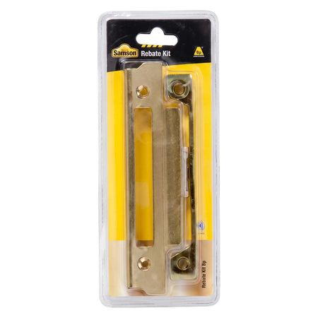 Samson Rebate Kit Bp Locks & Latches in a clear blister pack with a yellow card, showcasing metallic gold and brass-toned