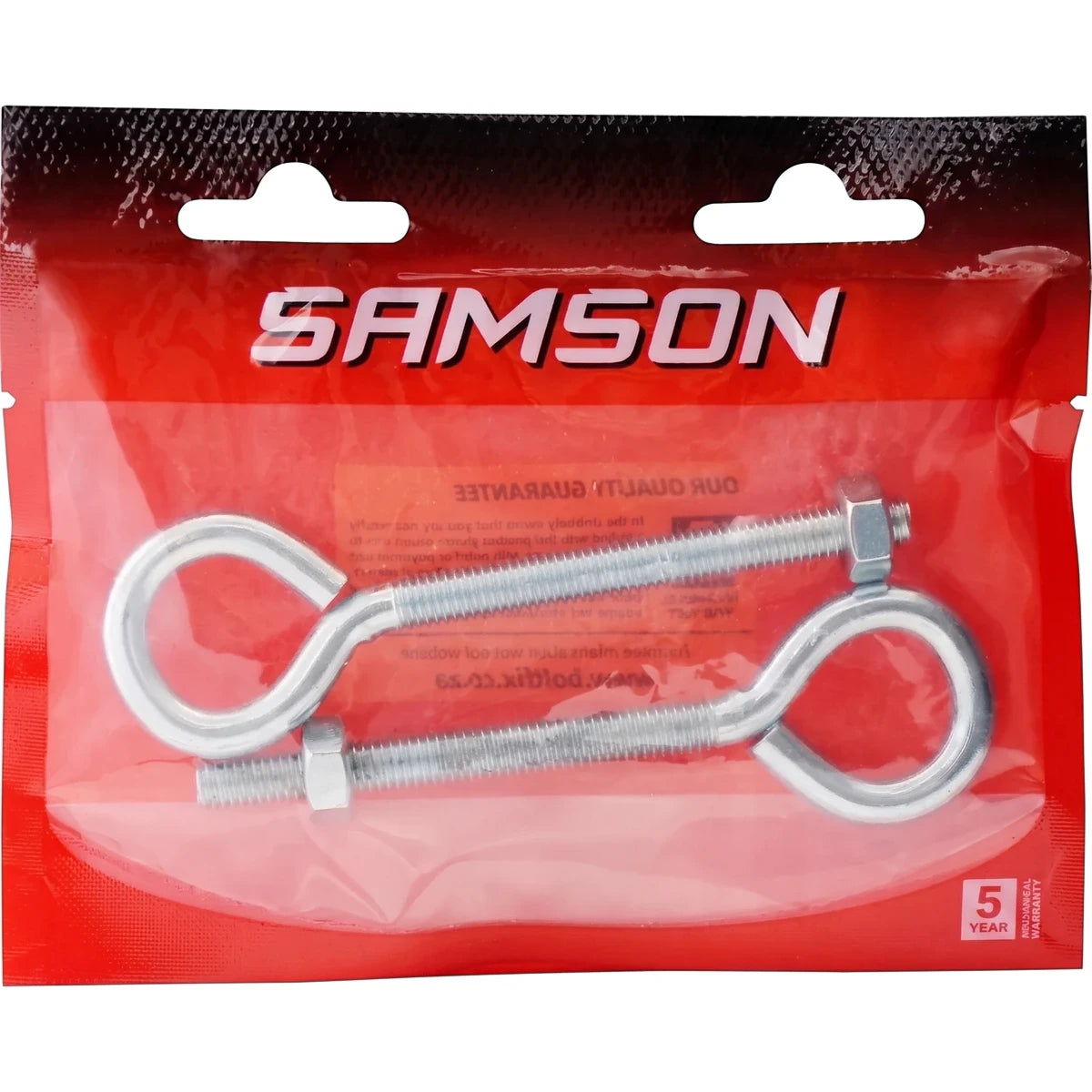 Red Samson branded bag containing two silver M8x75 eye bolts and nuts, visible through the clear plastic packaging.
