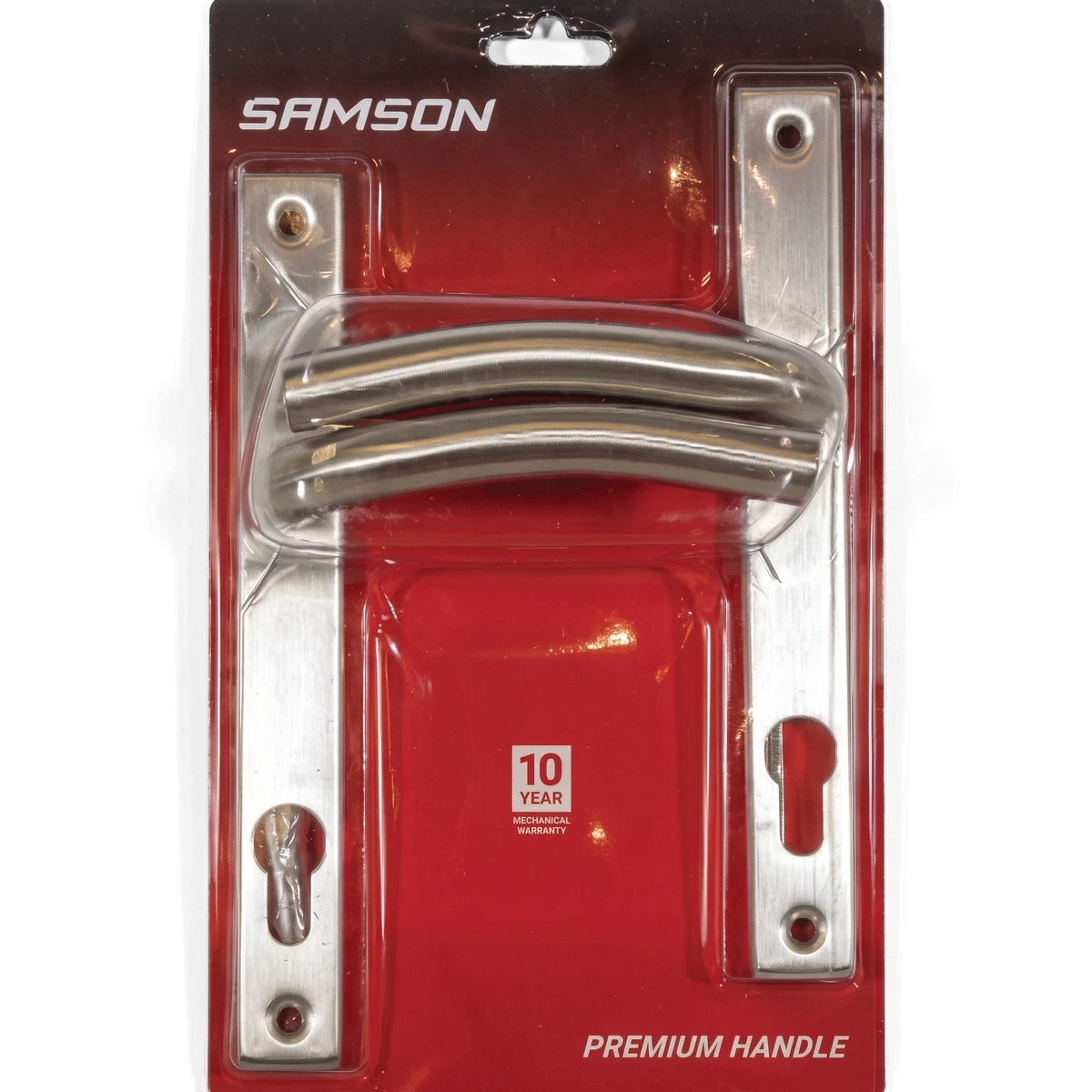 Samson Ricci stainless steel door handle set with an 8-inch cylinder, packaged in clear plastic with a red backing.
