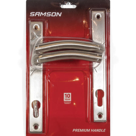 Samson Ricci stainless steel door handle set with an 8-inch cylinder, packaged in clear plastic with a red backing.
