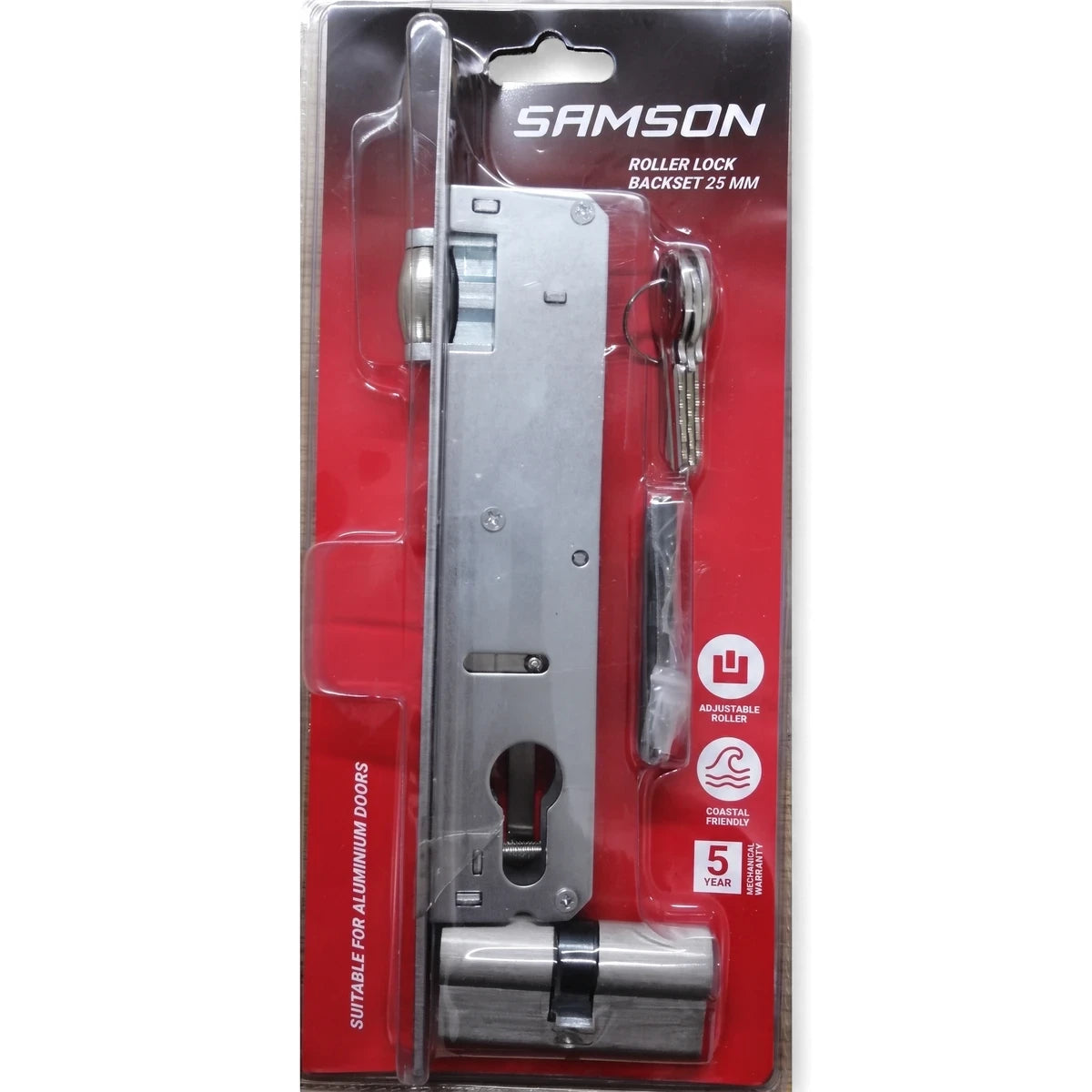 Samson roller lock with a 25mm backset, including a 65mm cylinder and multiple keys, presented in its retail packaging.