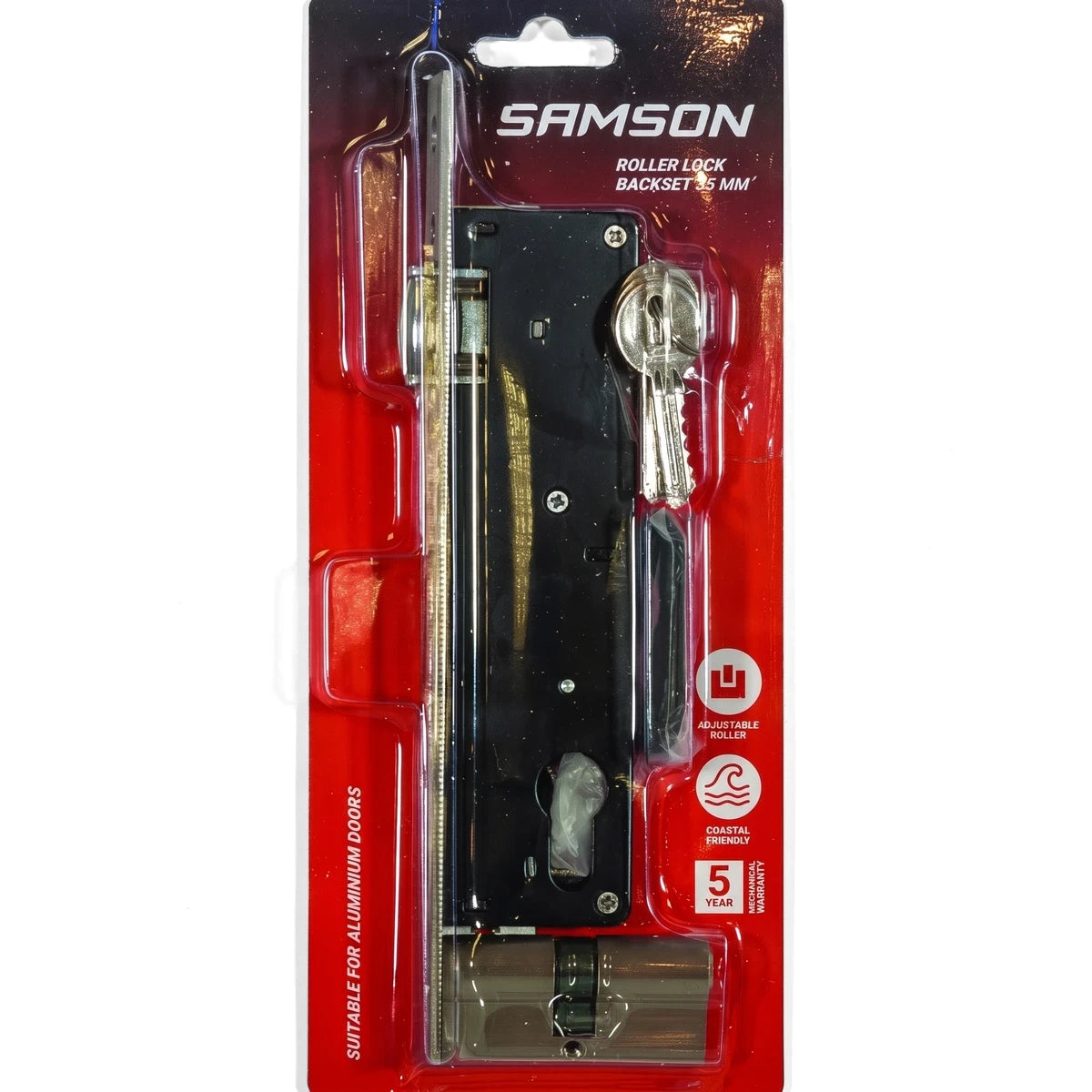 Samson Roller Lock with 35mm backset and 65mm cylinder, in black and silver, packaged with keys on a red card.