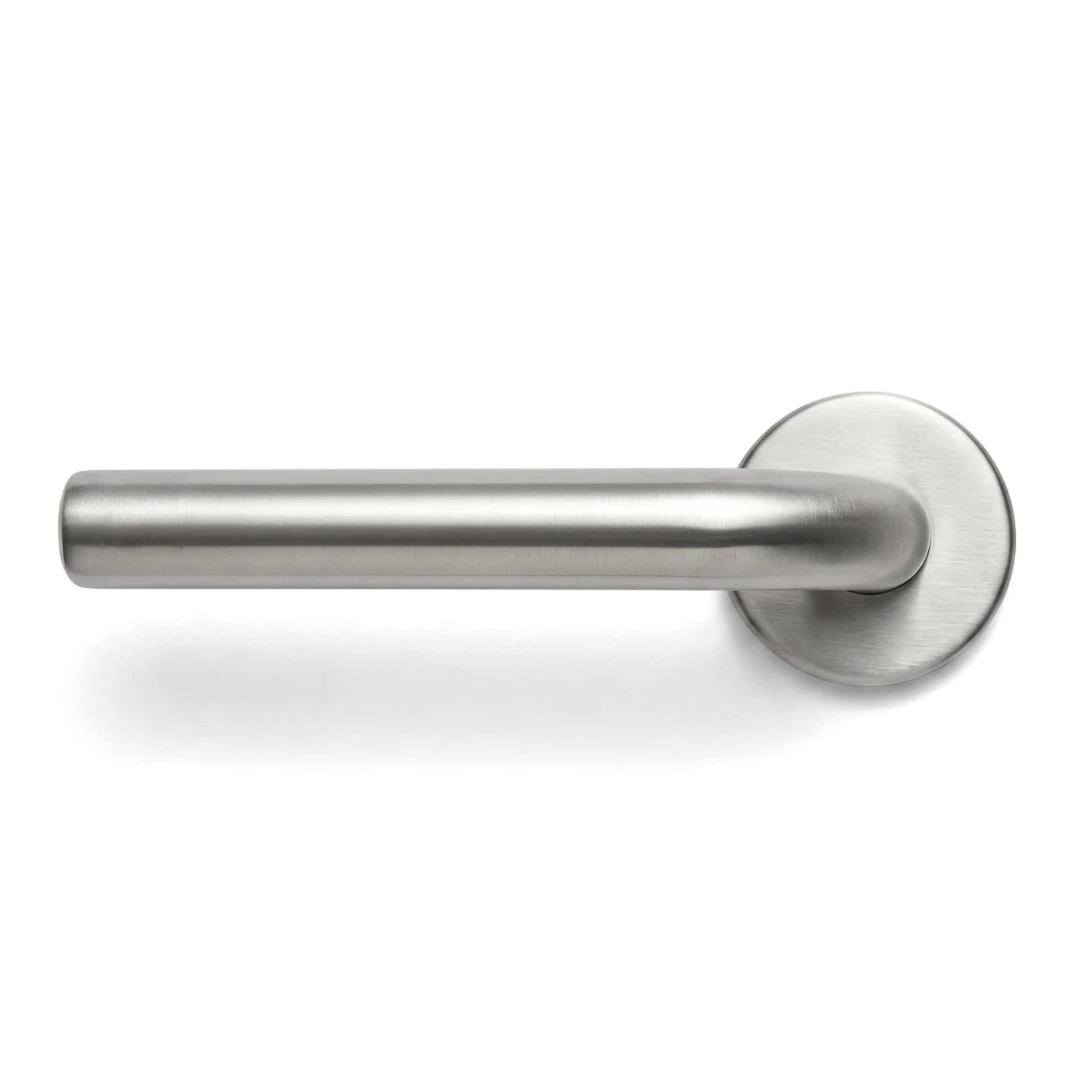 Samson round door handle in brushed stainless steel with a cylindrical grip and circular escutcheon plate on a white