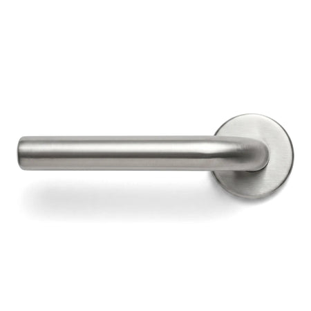 Samson round door handle in brushed stainless steel with a cylindrical grip and circular escutcheon plate on a white