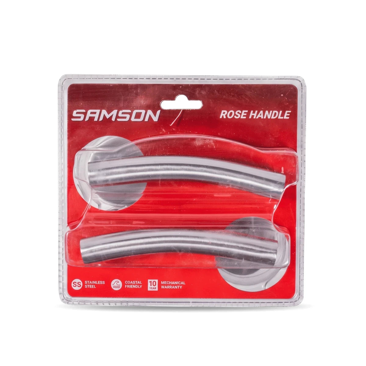Samson round rose door handle set made of stainless steel, packaged in clear plastic with red branding, viewed directly from