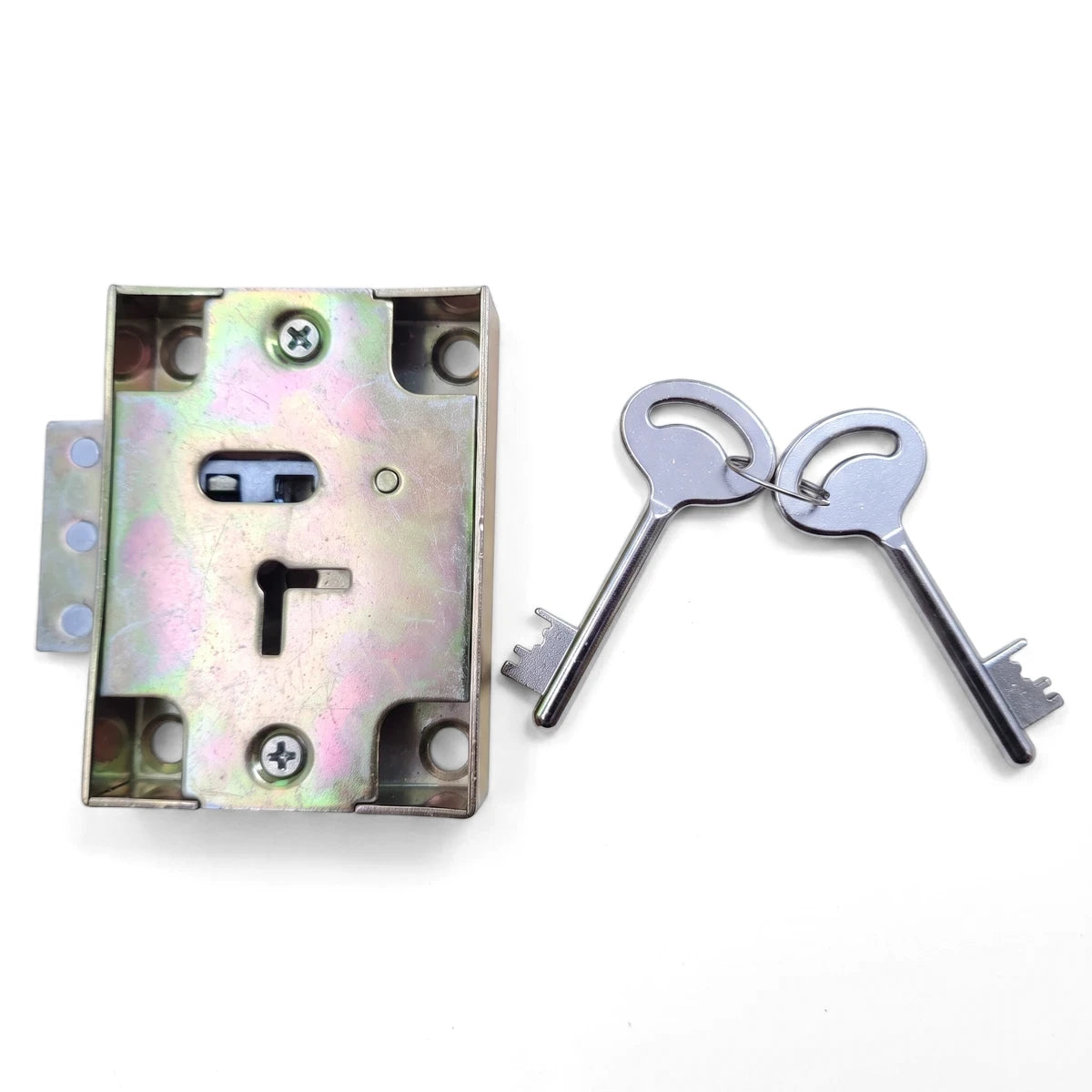 Samson Safelock Ktd gold-colored metal mortise lock with two silver keys shown from a front view.