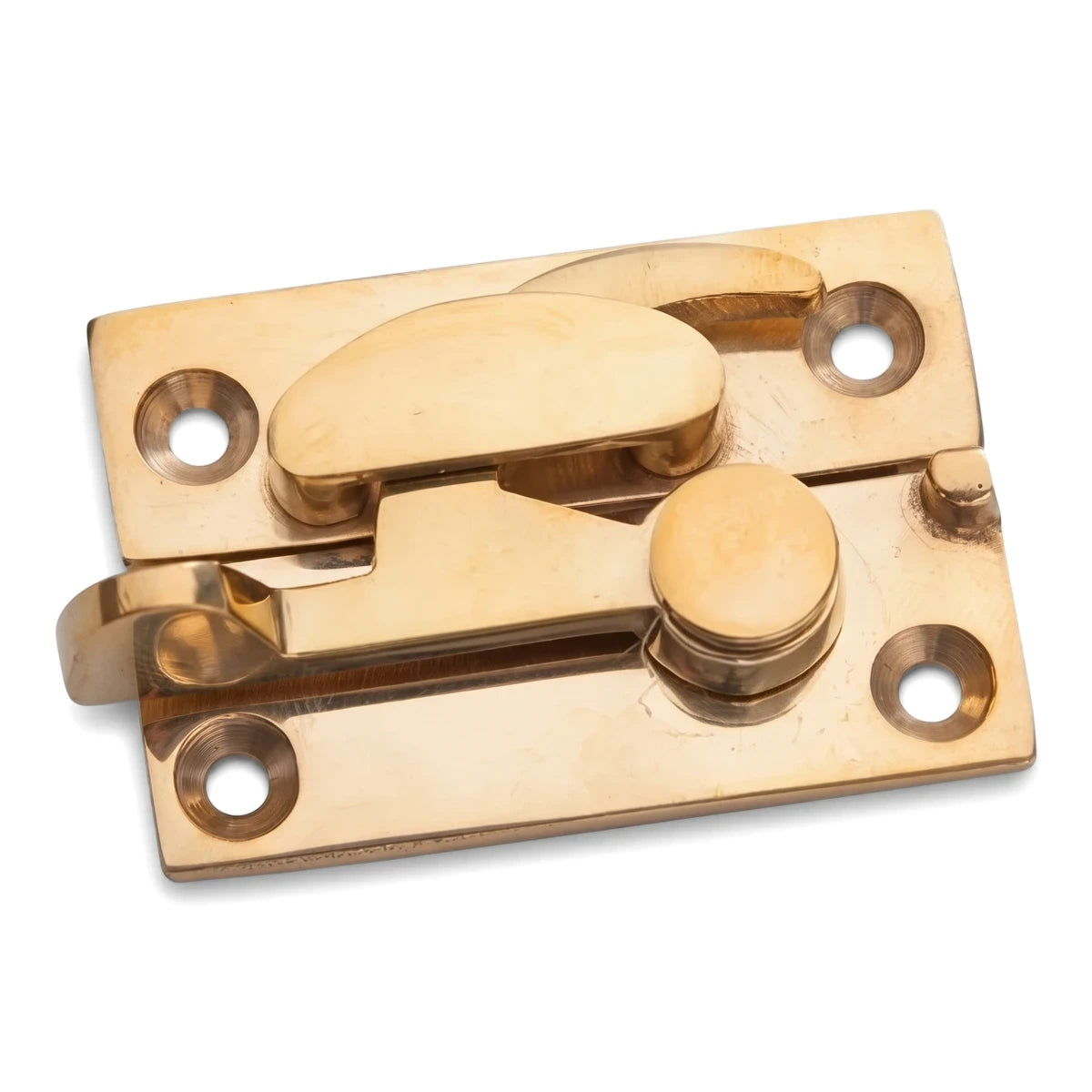 A close-up shot of a golden brass Samson sash fastener, a half-moon lock mechanism with four screw holes for window security.