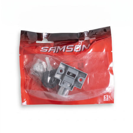 Samson silver patio door lock and latch set with keys, packaged in a clear and red bag, visible against a white background.