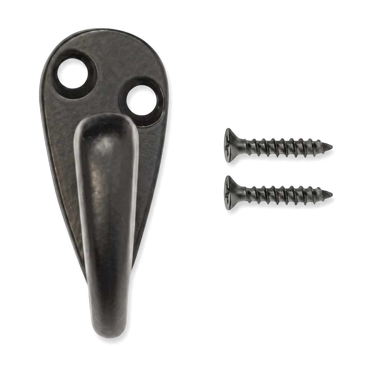 Samson single black metal coat hook with an oval base and two mounting screws on a white background, viewed from the front.