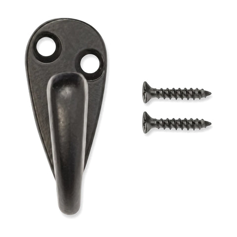 Samson single black metal coat hook with an oval base and two mounting screws on a white background, viewed from the front.