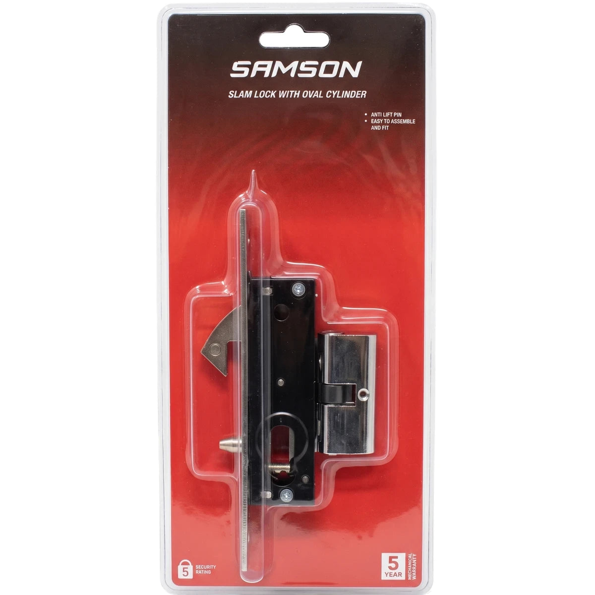 Samson black and silver slam lock with oval cylinder and anti-lift pin, packaged for retail sale.