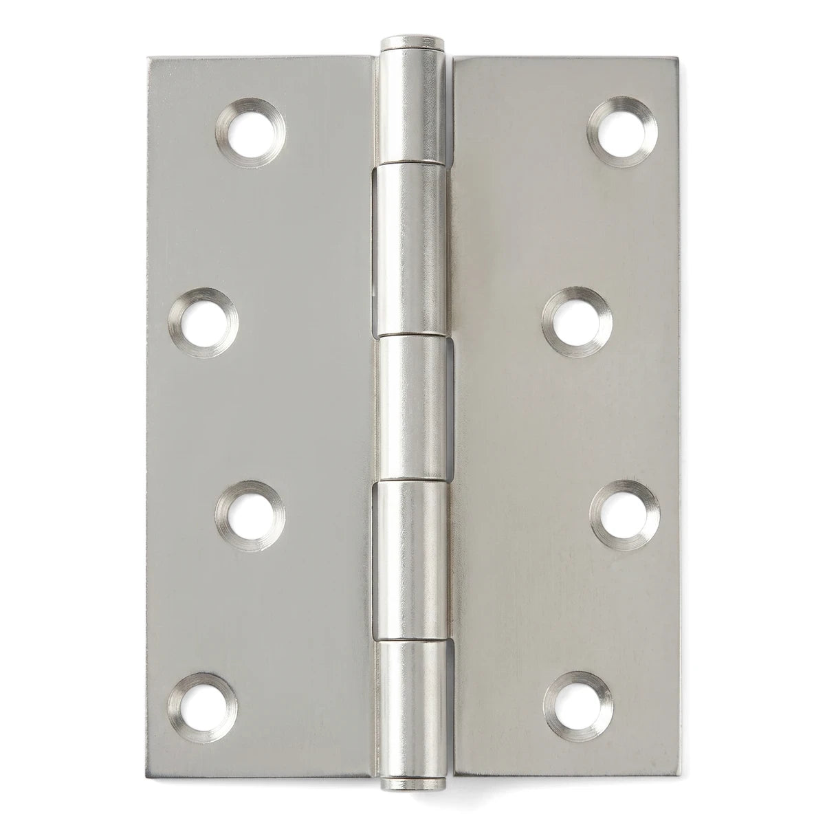 Samson stainless steel butt hinge, 100x75mm, partially open, with eight screw holes, on a white background.