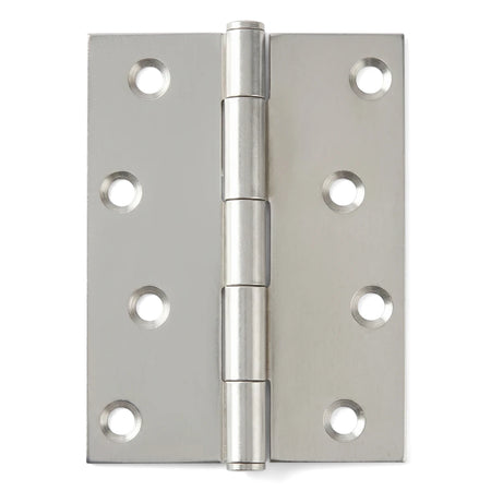 Samson stainless steel butt hinge, 100x75mm, partially open, with eight screw holes, on a white background.