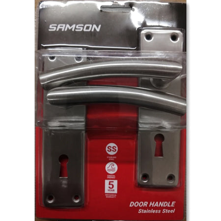 Samson stainless steel door handle set, featuring two curved handles and keyhole escutcheons, displayed in clear retail