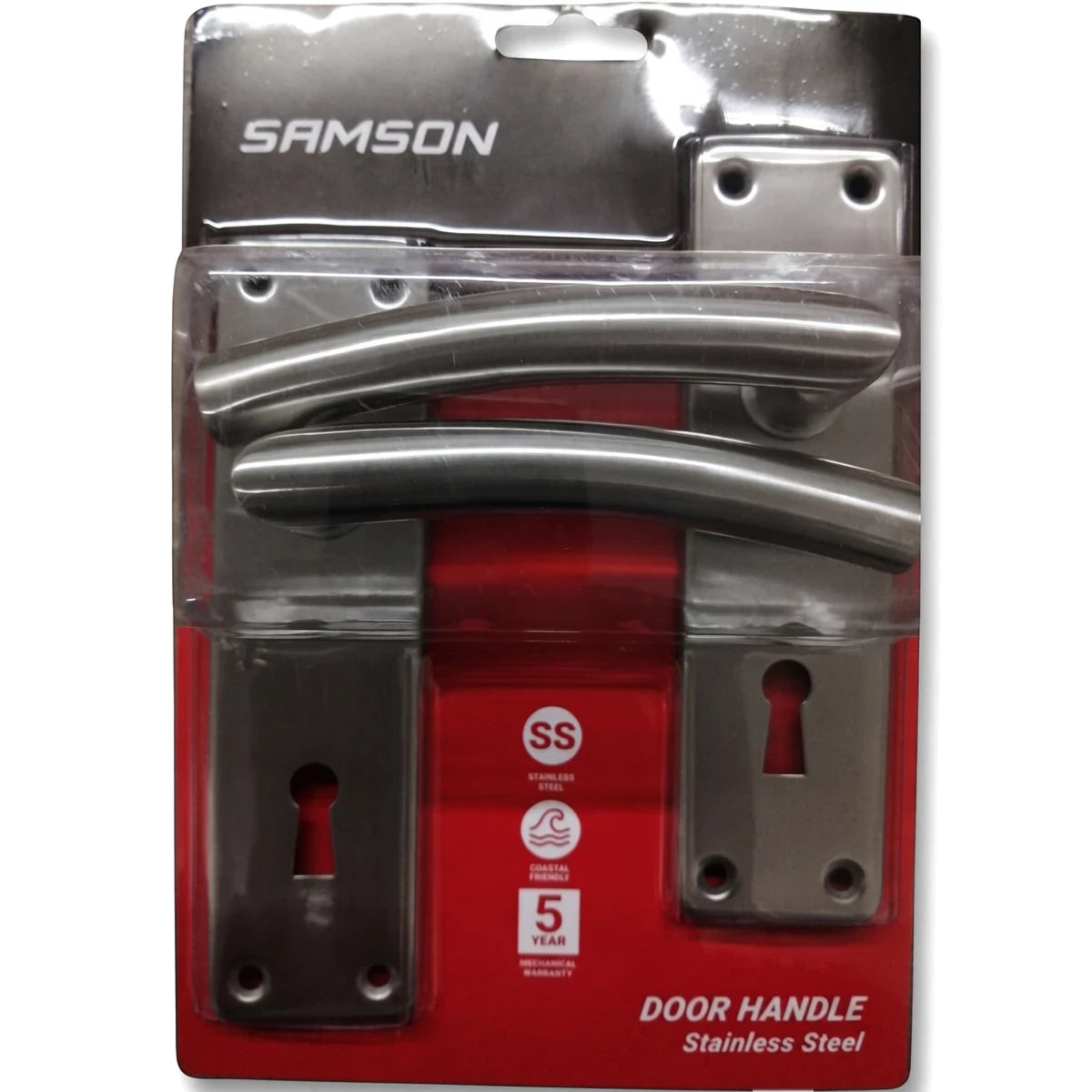 Samson stainless steel door handle set, packaged on a red and black card, featuring two curved handles and two keyhole