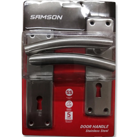 Samson stainless steel door handle set, packaged on a red and black card, featuring two curved handles and two keyhole