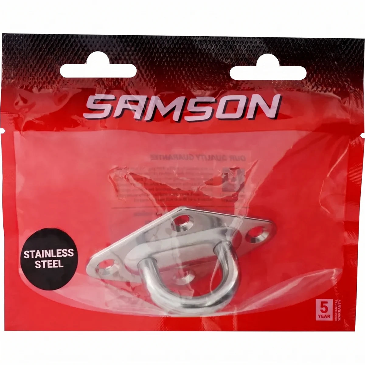 Stainless steel Pad Eye M8- Ss 304 Padlock from Samson, packaged in clear and red plastic, viewed from a slight angle.