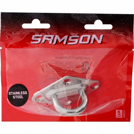 Stainless steel Pad Eye M8- Ss 304 Padlock from Samson, packaged in clear and red plastic, viewed from a slight angle.