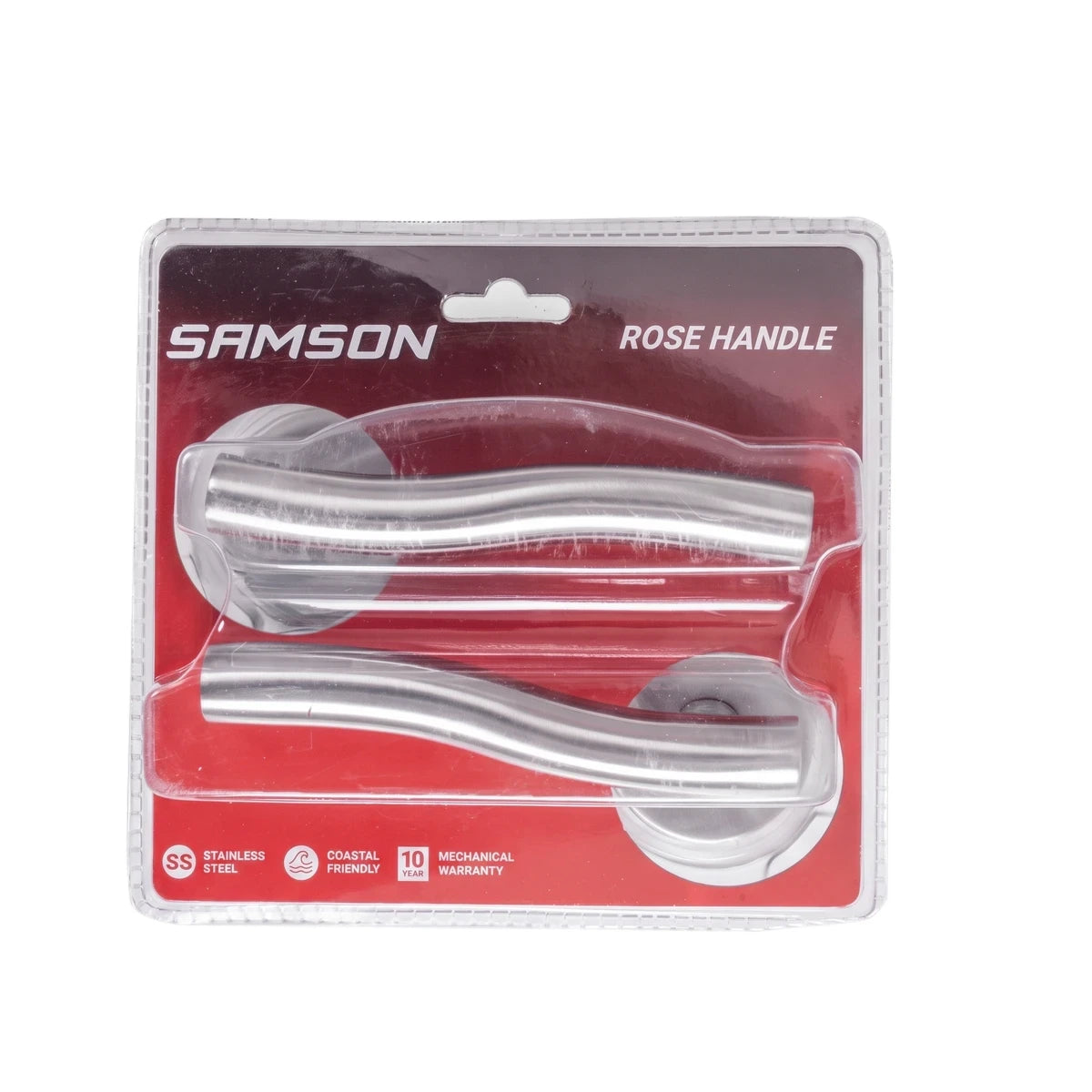 Samson stainless steel rose door handles in clear retail packaging, featuring a curved design and a 10-year warranty.
