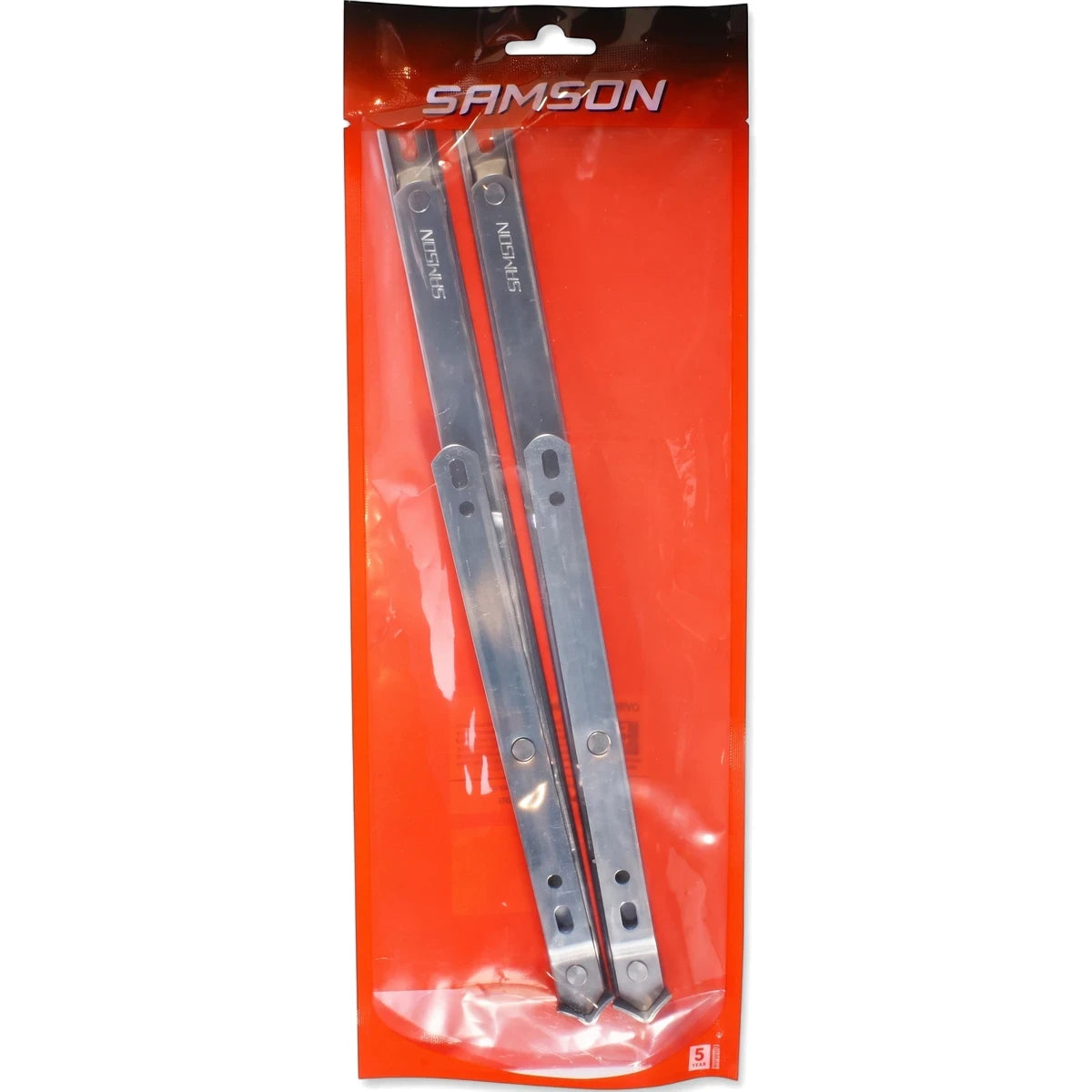 Two Samson Stay Fric 300mm 430 stainless steel window stays, silver-toned, presented in clear retail packaging with a red