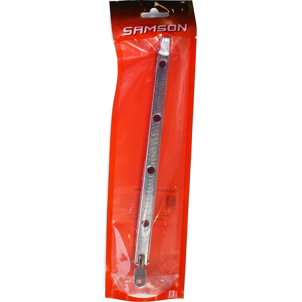 Samson Stay Peg H/F 200mm Cp with screw locks and latches, a silver metal hardware component in red plastic packaging.