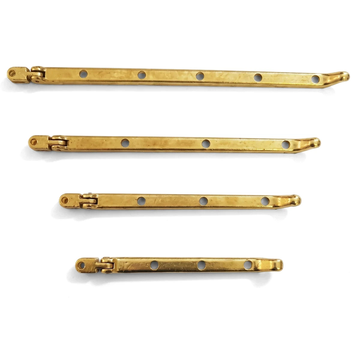 Four solid brass 200mm Samson Stay Pegs for locks and latches, featuring hinges and screw holes, arranged horizontally.