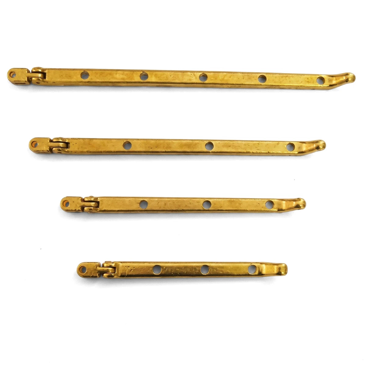 Four solid brass Samson Stay Pegs, 250mm, with hinges, multiple holes, and curved hook ends for locks and latches.