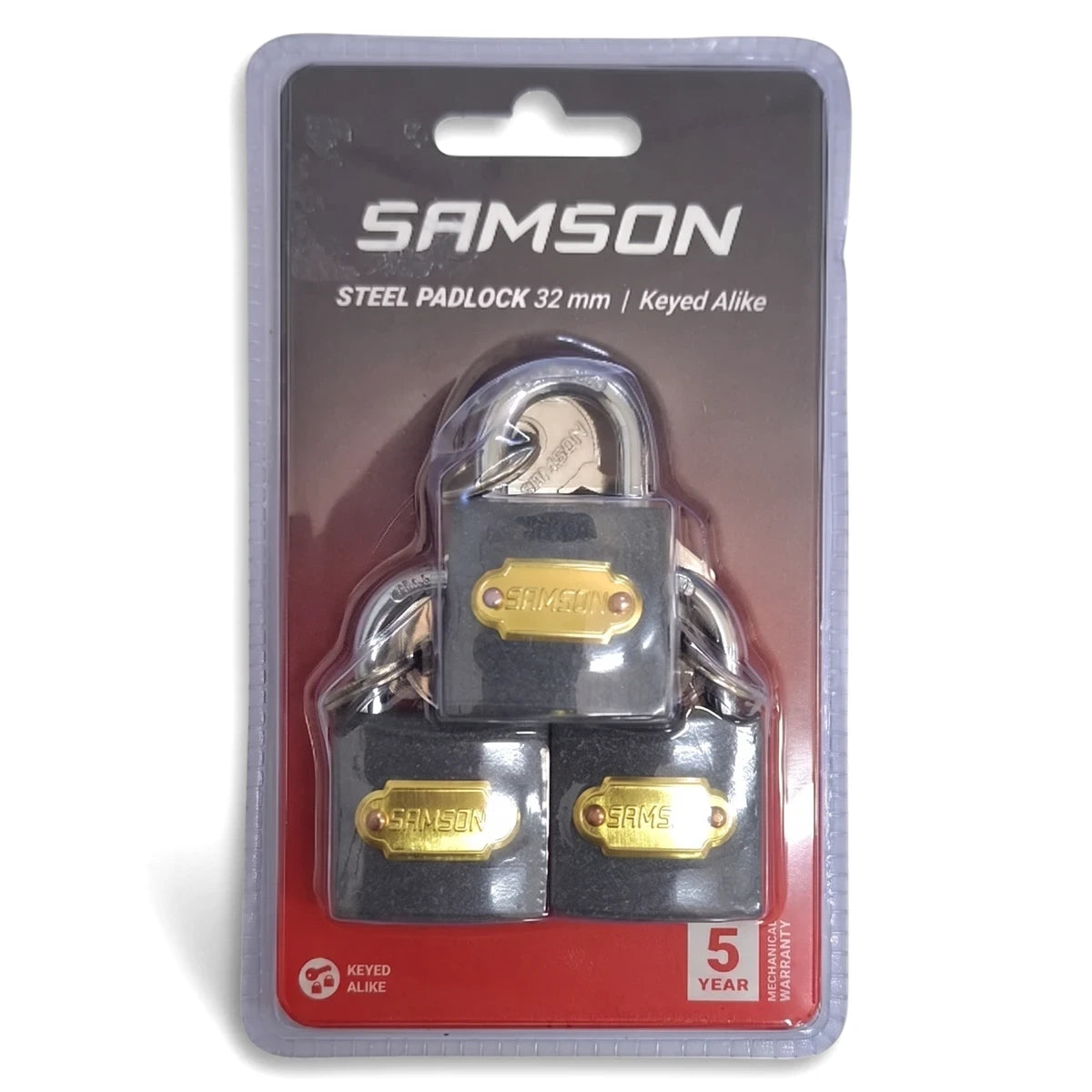 Samson P/Lock Steel 32mm Keyed Alike Trio Padlock set in clear blister packaging on a white background.