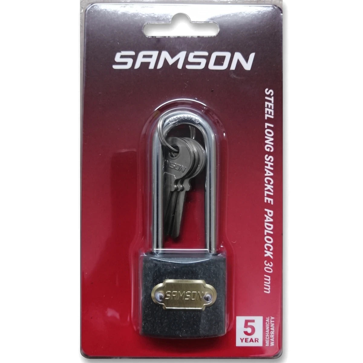 Samson Steel Long Shackle 30mm Padlock with keys in clear retail packaging, featuring a black body and silver shackle.
