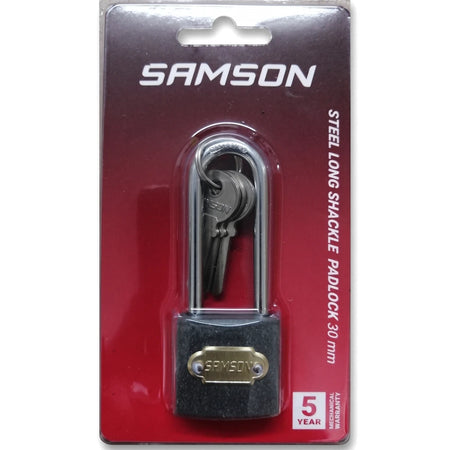 Samson Steel Long Shackle 30mm Padlock with keys in clear retail packaging, featuring a black body and silver shackle.