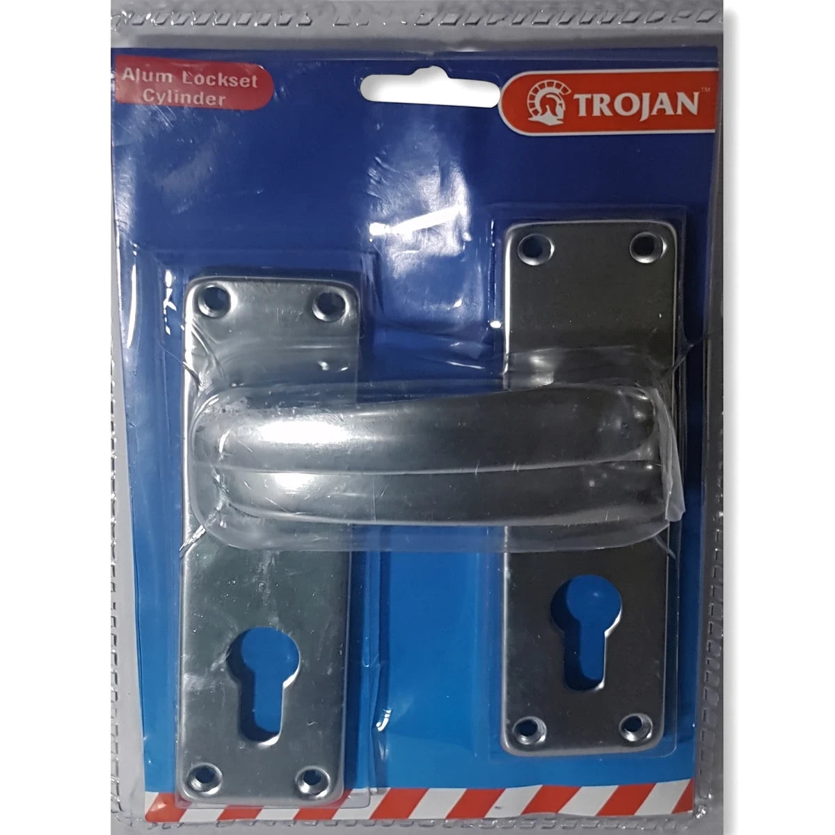 Samson Trojan brand 6 inch aluminum lockset cylinder and handle, silver metal, shown in clear retail packaging.