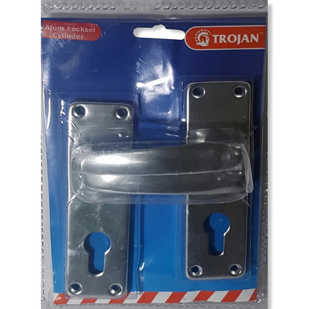 Samson Trojan brand 6 inch aluminum lockset cylinder and handle, silver metal, shown in clear retail packaging.