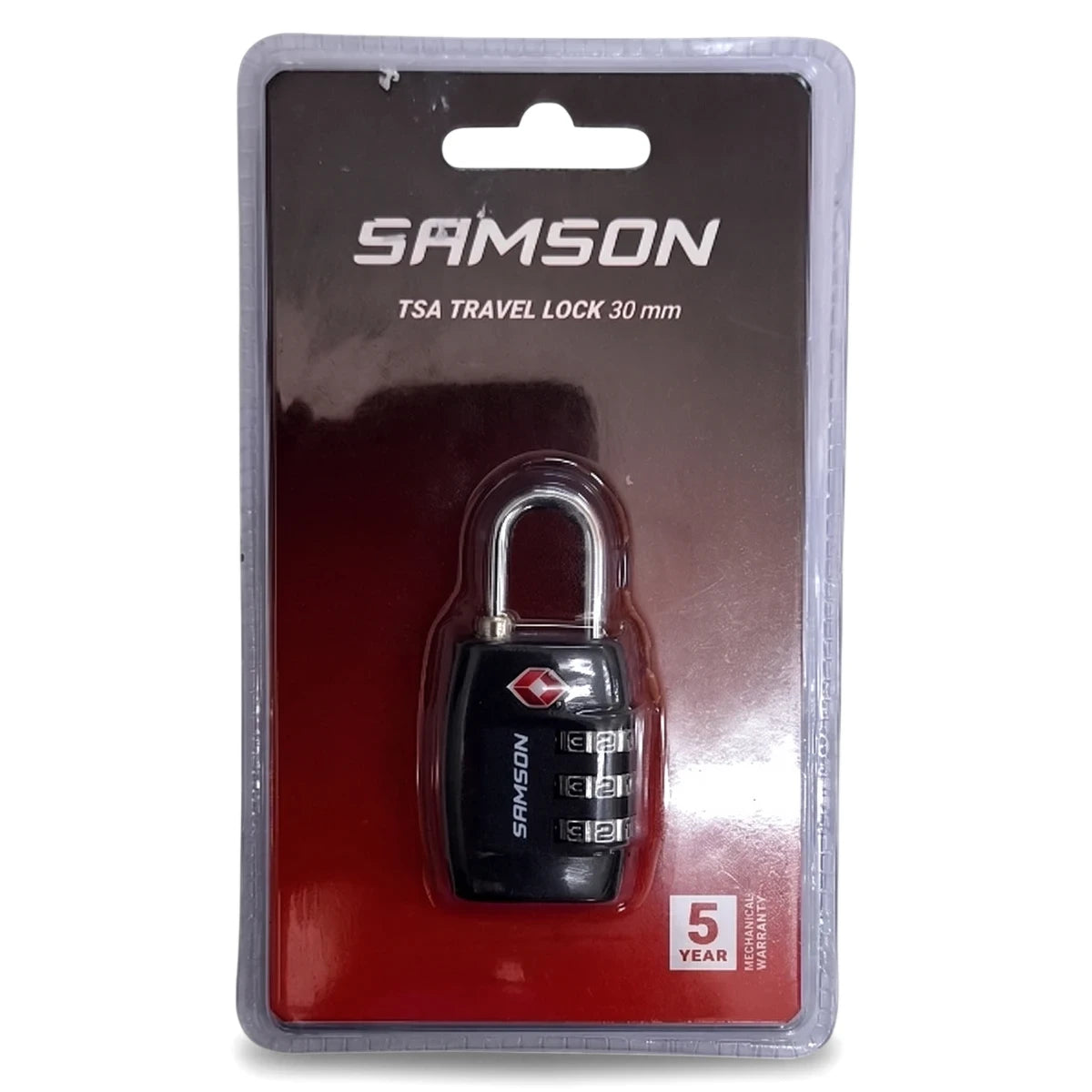 Black Samson TSA travel combination padlock, 30mm, in clear blister packaging on a dark card.