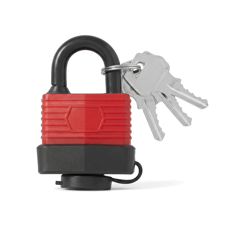 Samson Weather Proof Padlock with Keys. A red and black 40mm weatherproof padlock with a set of three silver keys attached.