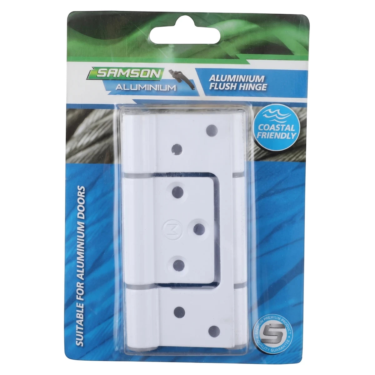 Samson white aluminium flush hinge, 100mm, shown in clear retail packaging with branding and product information.