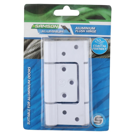 Samson white aluminium flush hinge, 100mm, shown in clear retail packaging with branding and product information.