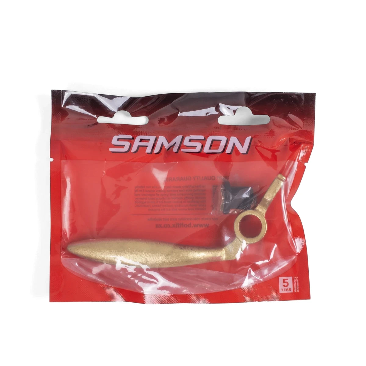 Samson Window Handle Locking with Bolt&Bush in red and clear plastic packaging, gold-colored metal, front view.