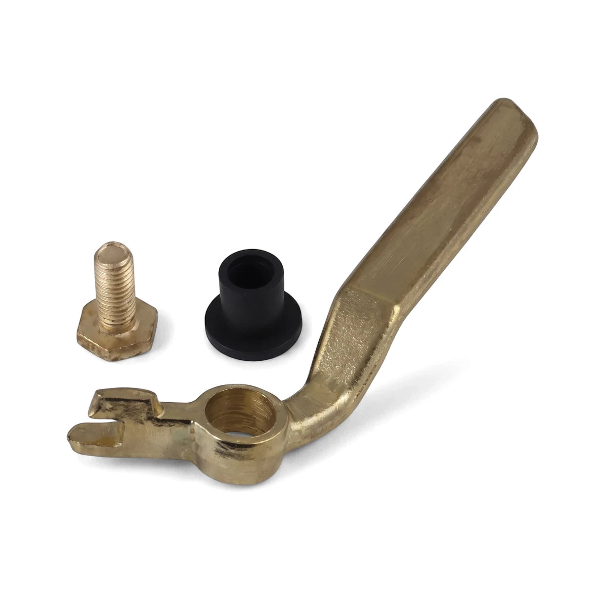 Samson window handle locking mechanism components, featuring a brass-colored handle, a hexagonal bolt, and a black bush.