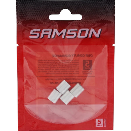 Red Samson brand bag containing four 3mm silver wire rope ferrules, visible through the clear front of the package.